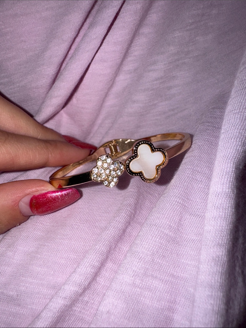 Source Unknown Gold-Tone Clover Bangle Bracelet with White and Crystal Accents